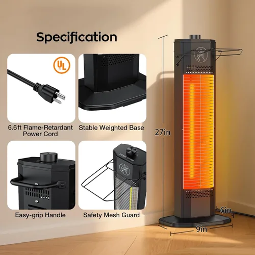 Vista 7 de Calentador eléctrico para patio al aire libre, calentador de torre infrarrojo de 27 pulgadas con calefacción instantánea de 1200 W, impermeable