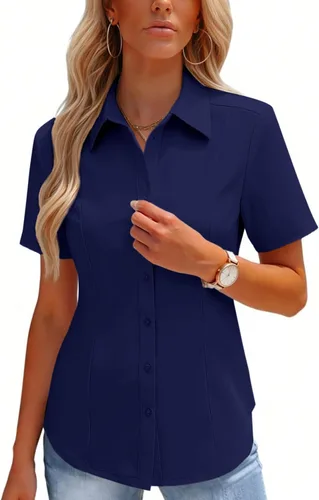 Vista 12 de HOTOUCH Camisas con botones para mujer, manga corta, elástica, sin arrugas, blusas formales de trabajo, blusas de verano, tallas S-2XL