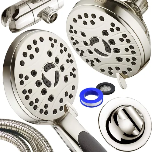Vista 7 de Cabezal de ducha de alta presión de 48 modos de lujo, combo de 3 vías – Regadera de lluvia doble y de mano – Manguera de acero inoxidable de 6 pies