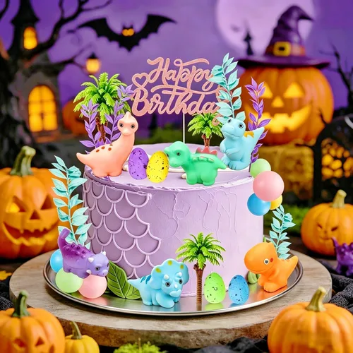 Vista 5 de 35 adornos de dinosaurios para tartas con huevos de dinosaurio, hojas, rosa, morado, azul, amarillo, verde, bolas para decoración de pasteles