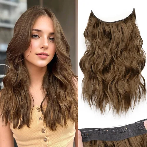 Vista 23 de KooKaStyle - Extensiones de cabello con hilo invisible, diadema transparente, ajustables, 4 clips fijadores, cabello largo y ondulado de 12