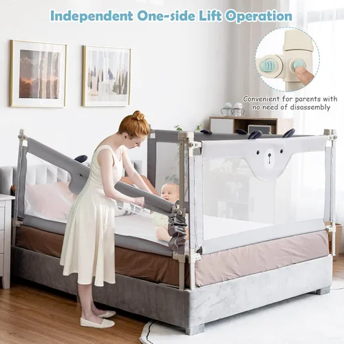 Vista 3 de BABY JOY Riel de cama para niños pequeños, 69 pulgadas, extra largo, altura ajustable y plegable, protector de riel de cama de bebé con malla Gris