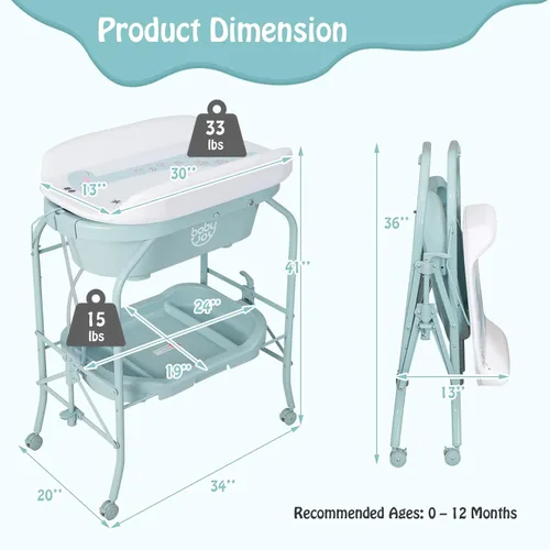 Vista 6 de BABY JOY Bañera para bebé con cambiador, estación plegable para cambiar pañales con bandeja de almacenamiento, almohadilla impermeable, organizador