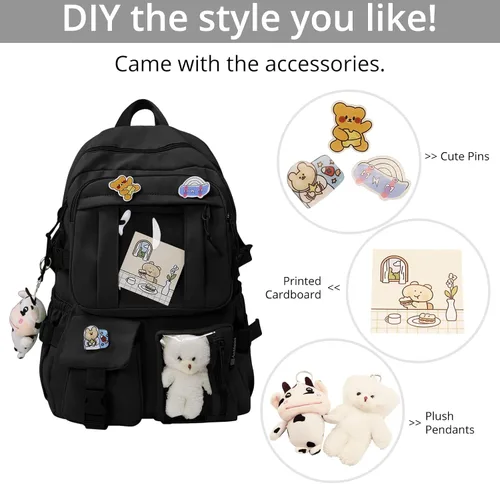 Vista 4 de AoMoon Mochila kawaii preciosa mochila pastel para adolescentes y niñas, estética, para estudiantes, con pin Kawaii y accesorios lindos, Negro C