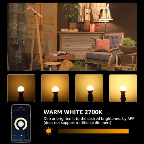 Vista 2 de Lighting EVER Bombillas LED inteligentes, compatibles con Alexa y Google Assistant, equivalente a 60 vatios, regulables con aplicación