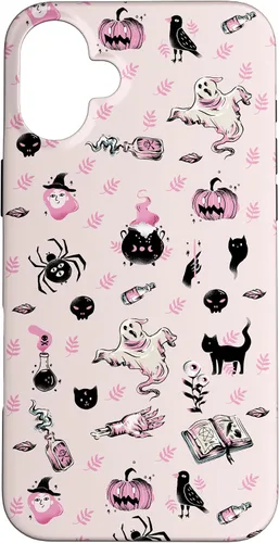 Vista 22 de iPhone 16 Vintage Halloween Case Pumpkins Ghosts Witch Skulls Pink Case