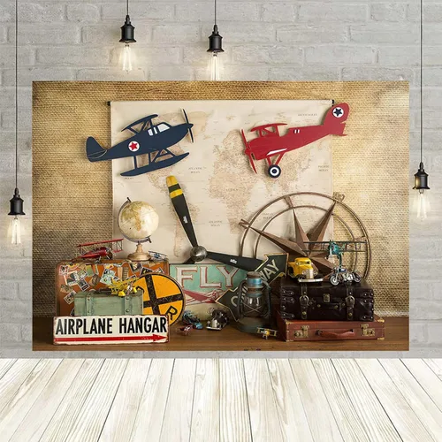Vista 6 de Telones de fondo de sueño volador para niños, decoración de fiesta de primer cumpleaños, mapa piloto, avión, maleta de viaje, fondo de fotos, baby