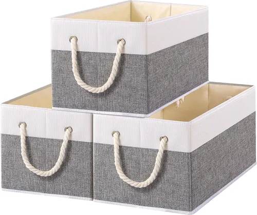 Vista 10 de Yawinhe Paquete de 3 cubos plegables de almacenamiento de tela, cubos plegables con asa de cuerda, organizadores grandes de armario para estantes