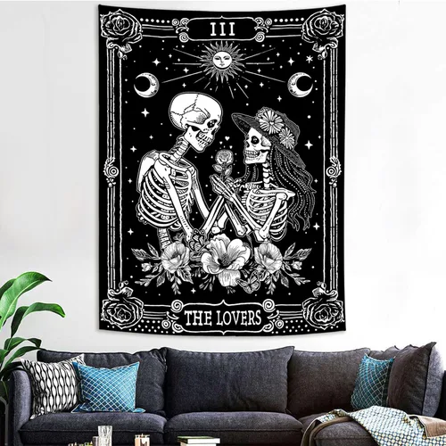 Vista 3 de Kanuyee Tapiz de Esqueleto de los Amantes Tapiz Gótico para Dormitorio Tapices de Cartas del Tarot Góticas para Colgar en la Pared Decoración El
