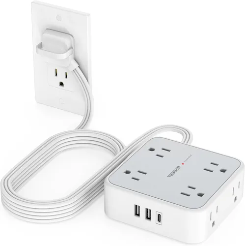 Vista 16 de TESSAN - Tira de alimentación con protector de sobretensiones, cable de extensión plano de 5 pies con 8 salidas de CA, 3 puertos USB (1 USB C), Gris
