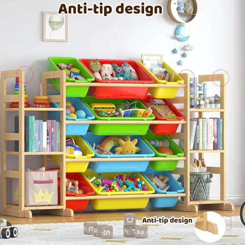 Vista 6 de Organizador grande de almacenamiento de juguetes para niños, organizador de juguetes y estantería combinada con 12 contenedores y 6 estantes, caja