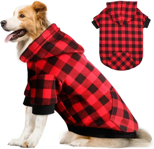 Vista 7 de Sudadera con Capucha a Cuadros Rojos para Perros, Ropa para Mascotas con Capucha y Bolsillo (XS)
