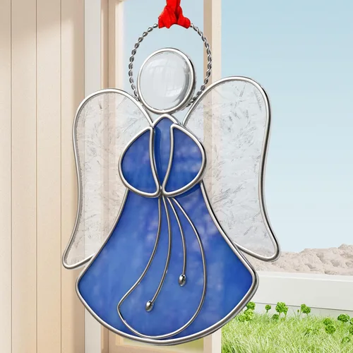 Vista 2 de Atrapasoles de Vidrio Emplomado para Ventanas Colgantes de Ángel Azul Adorno Personalizado de Metal Regalos Decorativos para Mamá Abuela Amiga