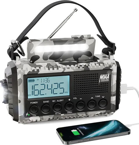 Vista 13 de Raynic - Radio meteorológica NOAA, radio de emergencia solar con manivela de 5000 mAh/18 500 mWh, radio portátil a batería con AM/FM/SW/NOAA