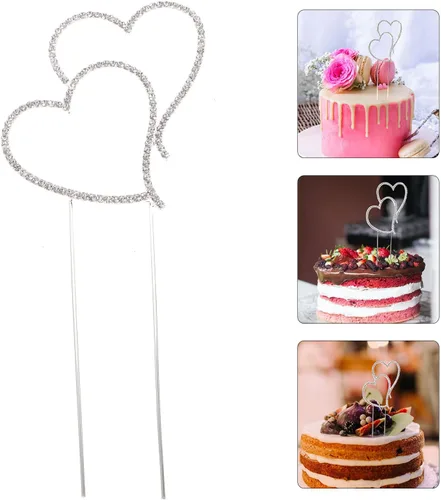 Vista 7 de Decoración para tartas de doble corazón, corazón plateado, aleación de diamantes de imitación, doble corazón, decoración de pastel de boda, tamaño L
