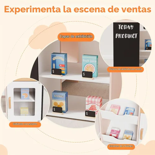 Vista 4 de JOYMOR Tienda de comestibles de juguete, juego interactivo de supermercado de madera con máquina de café expendedora, accesorios de venta y compra