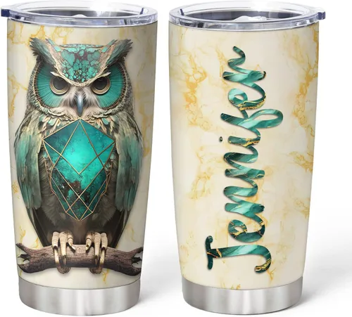 Vista 20 de Hyturtle Vaso personalizado para amantes de los búhos, vaso de café de acero inoxidable con nombre personalizado, 20 onzas con tapa, ideal como