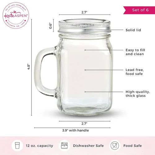 Vista 6 de Kate Aspen Tazas de Frasco Mason de 12 oz con Asas y Tapa Sólida (Juego de 6) Tazas de Vidrio para Beber de Cocina Favores de Baby Shower DIY