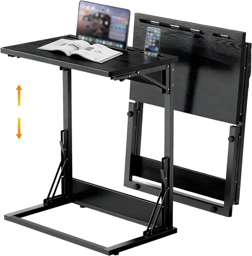 Vista 10 de Mesa plegable para TV, mesa de cena de TV, bandejas de TV de altura ajustable para comer en el sofá, mesa auxiliar en forma de C con ranuras
