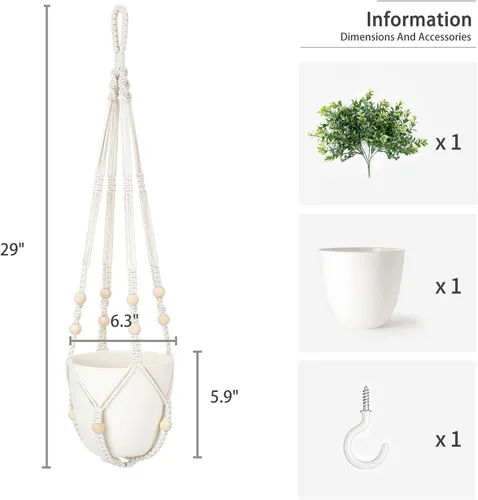 Vista 6 de Mkono Planta colgante falsa con maceta, plantas colgantes artificiales de primavera, colgador de plantas de macramé con vegetación sintética, maceta