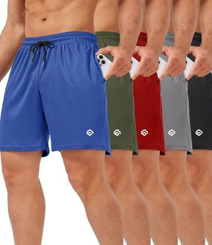 Vista 11 de lomsoe 5 Pack Gym Shorts Men 5 Inch Quick Dry Mesh Shorts Men Lightweight Training Athletic Running Shorts with Pockets