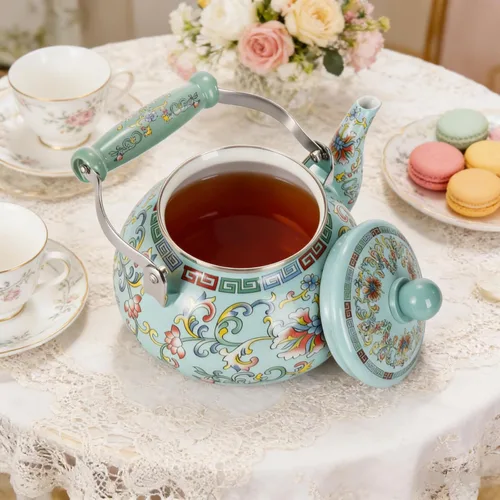Vista 7 de Pumtus Hervidor de té esmaltado floral de 2.6 cuartos de galón, tetera esmaltada vintage, olla de café esmaltada en acero con mango de cerámica