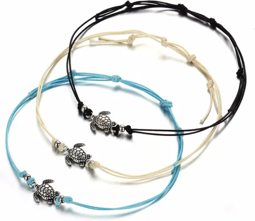 Vista 2 de Caiyao Tobilleras bohemias con cuerda de tortugas marinas, tobilleras de tortuga, ajustable, para mujeres, niñas, vacaciones, surf, joyería