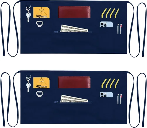 Vista 8 de Delantales de camarero con 7 bolsillos con bolsillo con cremallera (paquete de 2) - Delantales para mujeres y hombres - Medio delantal de cintura