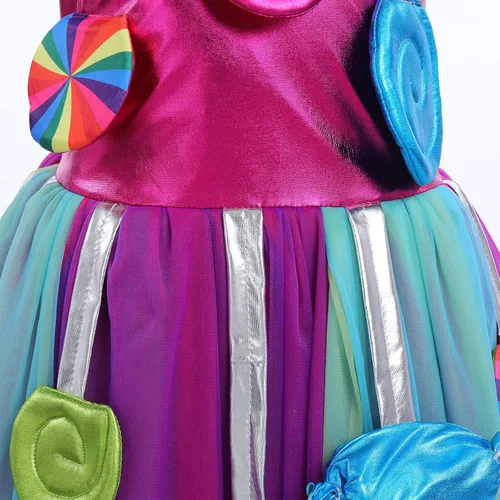 Vista 6 de Disfraz de caramelo de arcoíris para niñas, vestido tutú de princesa caramelo con aro para el pelo, cumpleaños, fiesta de Halloween