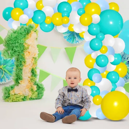 Vista 9 de Kit de arco de globos azul, amarillo y blanco, guirnalda de globos azul claro, verde azulado y amarillo blanco, globos azules y amarillos