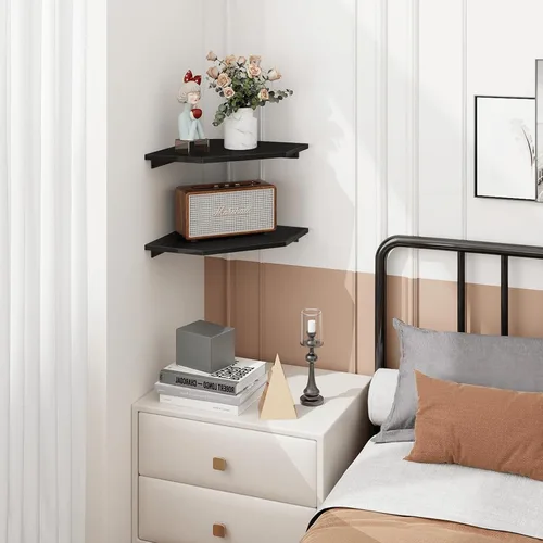 Vista 9 de Homode Estante de Esquina para Montaje en Pared, Juego de 2 Estantes Flotantes de Esquina con Orificio para Cables para TV, Decodificador, Estante