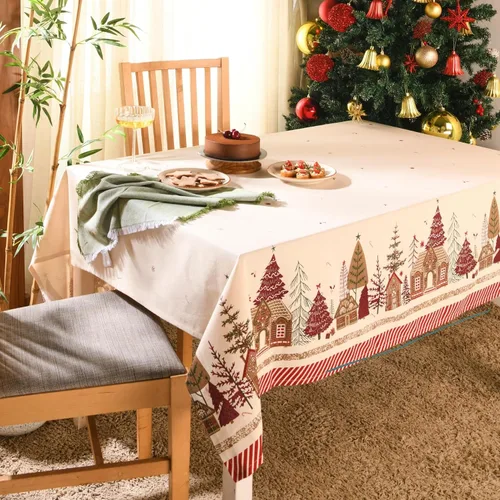 Vista 15 de Folkulture Mantel de Navidad rectangular de 60 x 72 pulgadas para decoración navideña del hogar, tela de algodón estilo granja, mantel rectangular