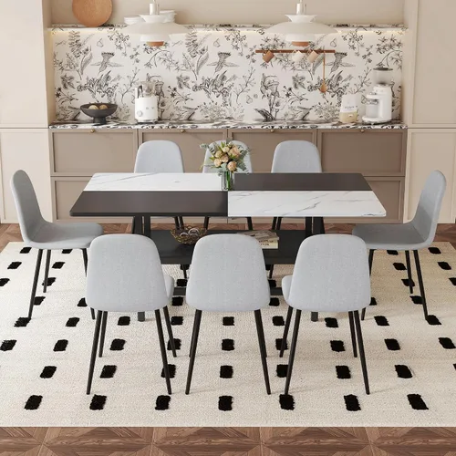 Vista 21 de Juego de mesa de comedor de 71 pulgadas para 6 personas con estante de almacenamiento, juego de mesa de comedor rectangular industrial moderna