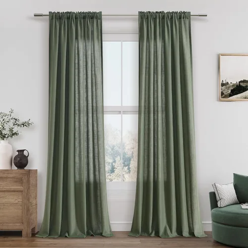 Vista 97 de Cortinas de lino verde aguamarina de 84 pulgadas de largo, juego de 2 paneles semitransparentes con bolsillo para barra para comedor, decoración