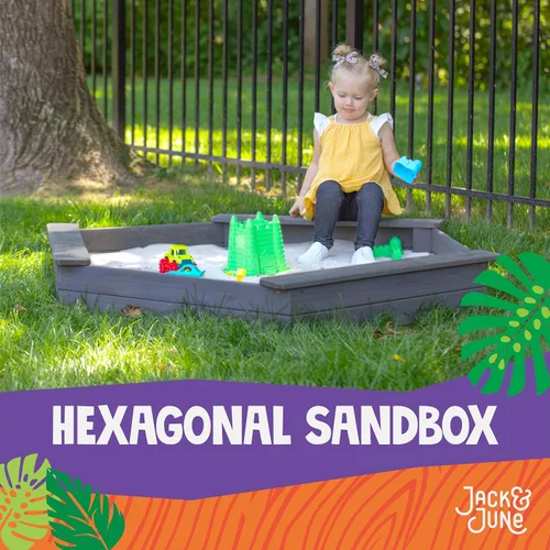 Vista 2 de Jack & June - Caja de arena hexagonal de madera de cedro, adorable, duradera y perfecta para juegos imaginativos