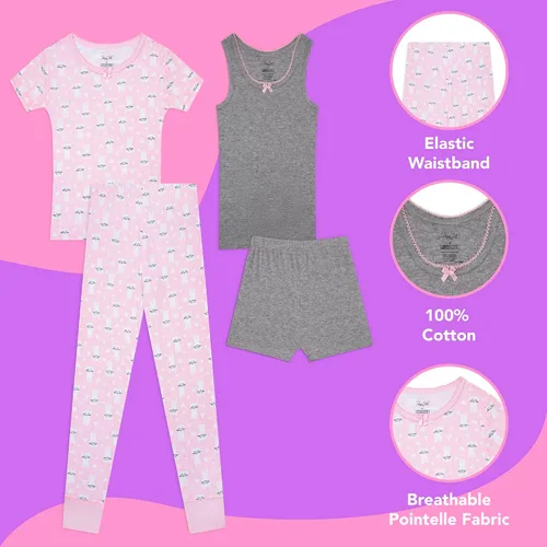 Vista 2 de Rene Rofe Conjunto de pijama de algodón de 4 piezas para niñas