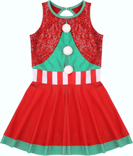 Vista 3 de Disfraz de elfo de Navidad para niñas, vestido de baile de lentejuelas brillantes, vestido de fiesta de Navidad, vestido de Santa Claus