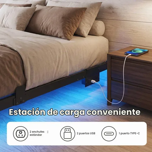 Vista 5 de Liians Marco de cama flotante moderno de tamaño completo con luces LED inteligentes, estación de carga USB, plataforma de metal resistente,