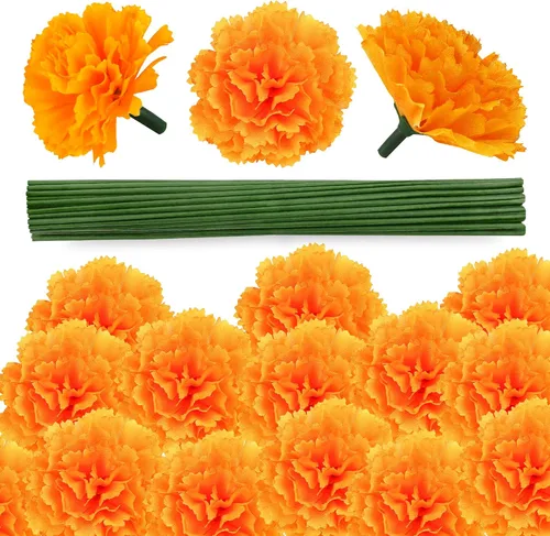 Vista 10 de 30 flores artificiales de caléndula de 2 pulgadas, cabezas de flores de caléndula de seda con tallos, flores naranjas artificiales para decoración