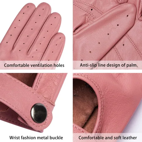 Vista 4 de Harssidanzar Guantes de conducción de cuero para mujer, guantes de cuero de oveja finos sin forro para pantalla táctil KL021