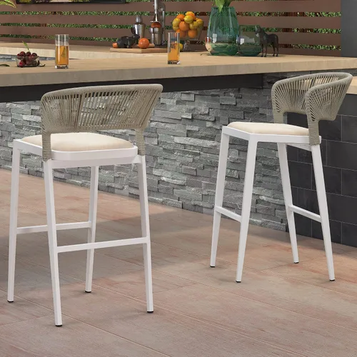 Vista 28 de PURPLE LEAF Taburete de bar de altura de mostrador, juego de 2 modernos taburetes de mimbre de ratán de aluminio para exteriores con respaldo