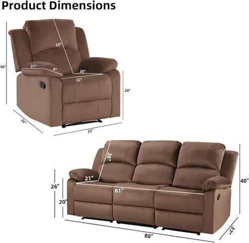 Vista 2 de EBELLO Juego de sofá reclinable manual, moderno juego de muebles reclinables de microfibra para sala de estar, incluye 2 sillas reclinables y 1 sofá