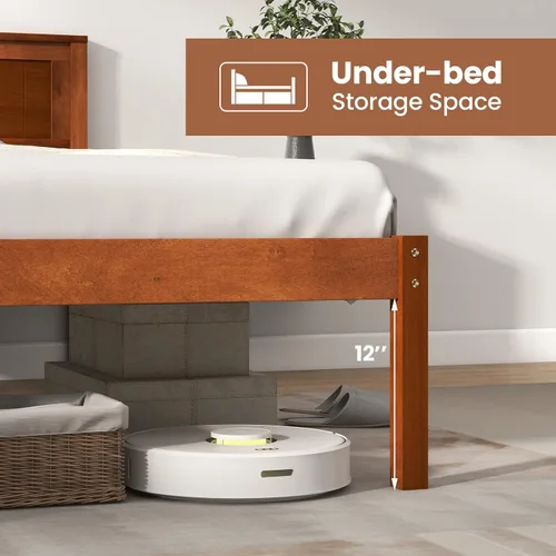 Vista 5 de Giantex Base de cama individual con cabecero, cama de plataforma de madera maciza con soporte de listones de madera, cama individual
