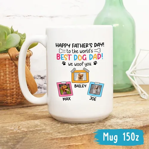 Vista 5 de Taza de café blanca personalizada con foto, con texto en inglés «To The World's Best Dog Dad We Woof You», taza de café blanca de 11 onzas y 15