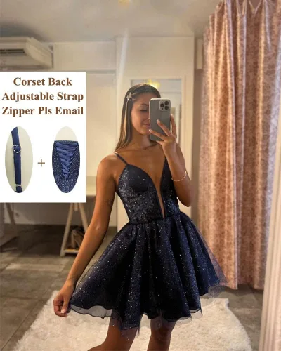 Vista 2 de Vestidos de tul con purpurina para adolescentes, tirantes delgados, cuello en V, vestidos de baile 2023 con apliques de encaje corto, vestido