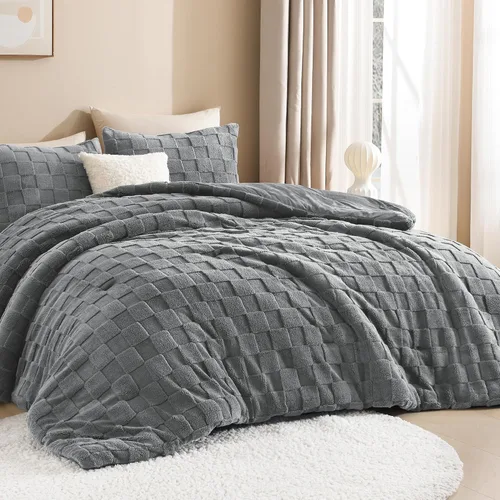 Vista 11 de Litanika - Juego de edredón esponjoso tamaño individual color beige, 3 piezas, ropa de cama de sherpa de felpa cálida para invierno, juego de cama