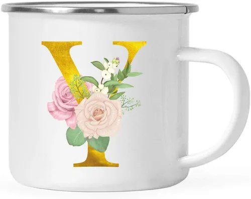 Vista 30 de Andaz Press Taza de café de acero inoxidable para niños de 11 onzas, regalo de taza de café de fogata, rosa rubor, monograma de oro sintético, letra