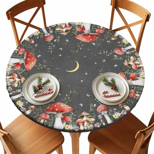 Vista 26 de Mantel Ajustado de Hongos para Mesa Redonda, Cubierta de Mesa de Cocina Botánica Pastoral Floral con Borde Elástico Tela Impermeable, Cubiertas Negro