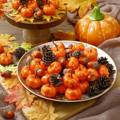 Vista 3 de Yookeer 120 mini calabazas artificiales de bellotas de otoño, conos de pino para decorar cuencos de otoño, centro de mesa de Acción de Gracias