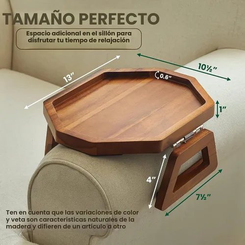 Vista 2 de Tinamo Bandeja para apoyabrazos de sofá octagonal de acacia, mesa de reposabrazos de sofá con brazos plegables - Caddy para sillón, bandeja con clip